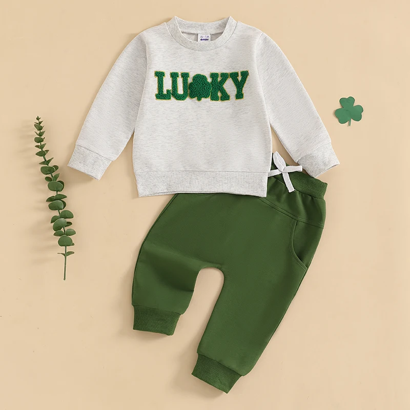 Toddler Girl Boy Spring Outfits Letter Shamrock Embroidery Long Sleeve Sweatshirt with Elastic Waist Solid Pants 2 Pcs Set
Toddler Girl Boy Spring Outfits Letter Shamrock Embroidery Long Sleeve Sweatshirt with Elastic Waist Solid Pants 2 Pcs Set