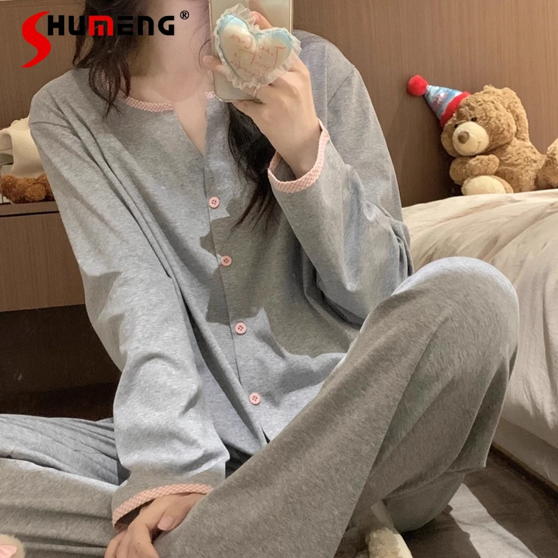 Ins Plaid Cotton Pajamas for Women Spring Autumn Simple Color Block Cute Loungewear Set Female Long Sleeve Homewear Suit
Ins Plaid Cotton Pajamas for Women Spring Autumn Simple Color Block Cute Loungewear Set Female Long Sleeve Homewear Suit