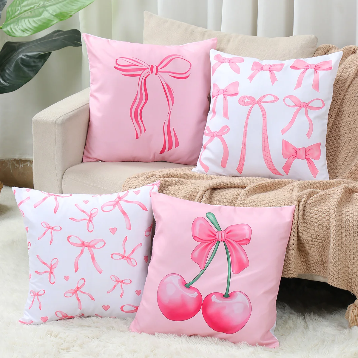 4pcs Pink Bow Cherry Pattern Printed Pillowcase Birthday Cushion Cover Sofa Cushion Cover Pink Bow Party Decoration Supplies
4pcs Pink Bow Cherry Pattern Printed Pillowcase Birthday Cushion Cover Sofa Cushion Cover Pink Bow Party Decoration Supplies