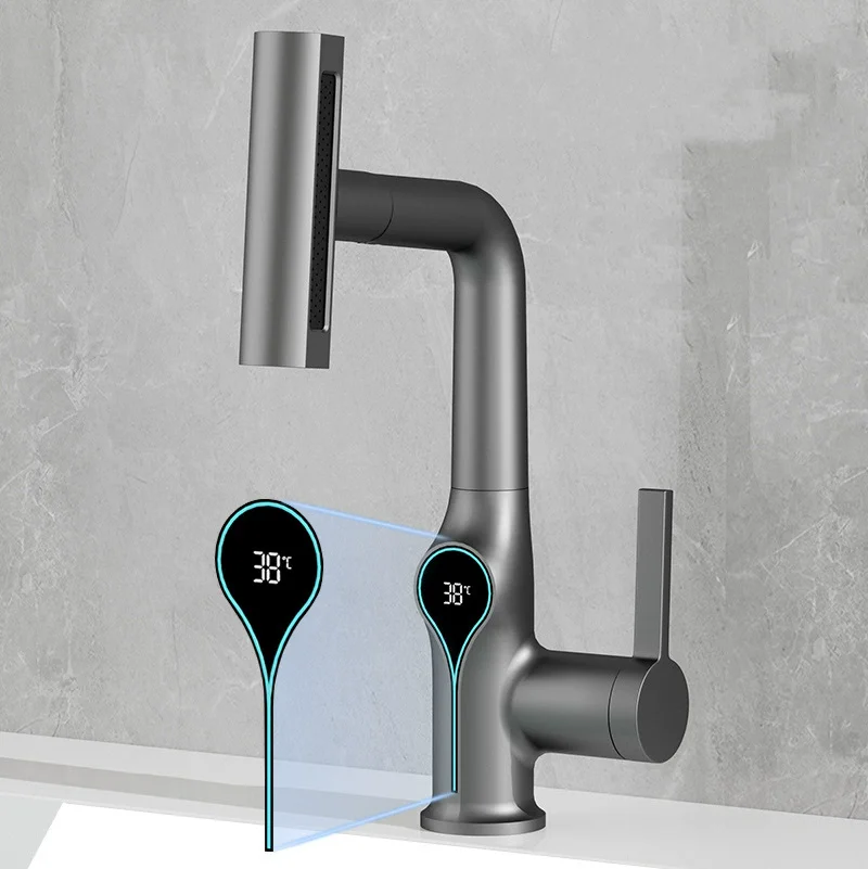 Digital Display Basin Faucet Hot and Cold Bathroom Single Lever Brass Pull Out Rainfall Style Sink Mixer LED Sink Mixer
Digital Display Basin Faucet Hot and Cold Bathroom Single Lever Brass Pull Out Rainfall Style Sink Mixer LED Sink Mixer