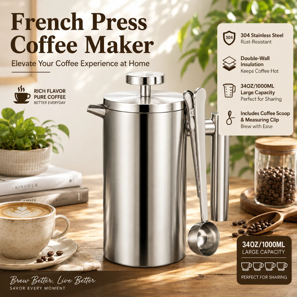 French Press Coffee Maker 34OZ/1000ML Stainless Steel Insulated for Hot Cold Brew Double Wall Coffee Press with Spoon for Home
French Press Coffee Maker 34OZ/1000ML Stainless Steel Insulated for Hot Cold Brew Double Wall Coffee Press with Spoon for Home