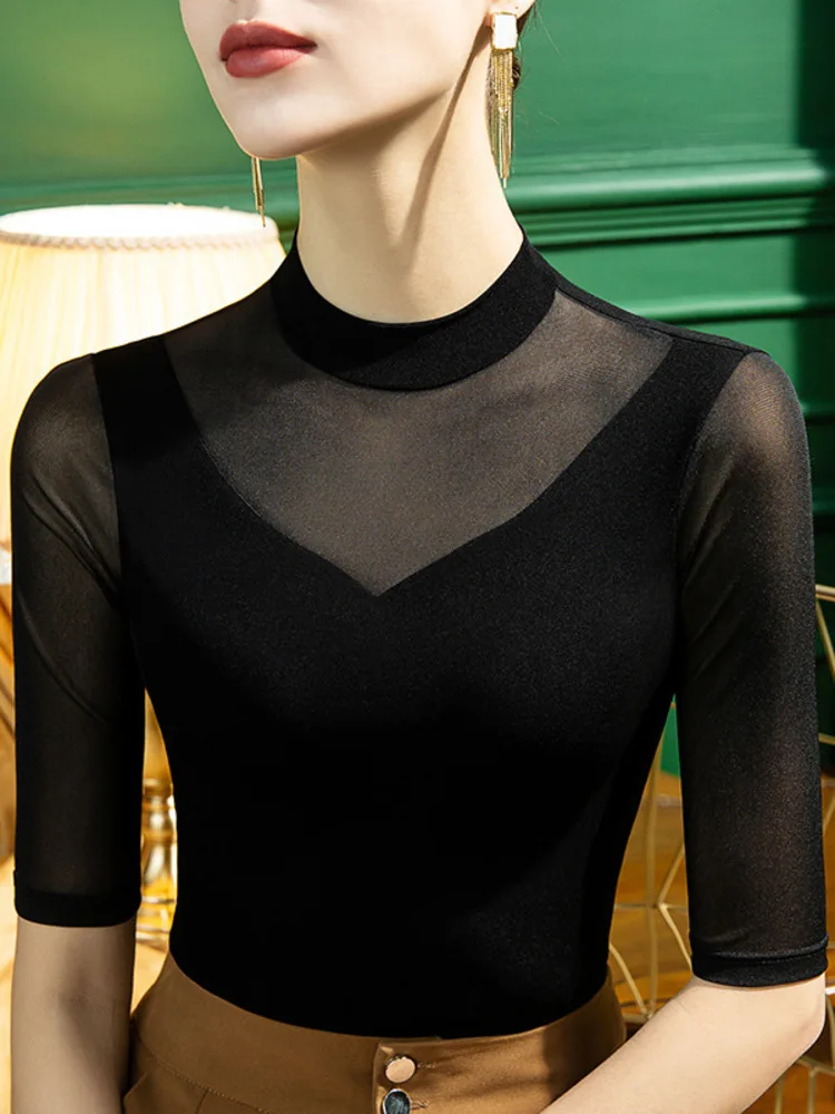 2022 Spring/Summer New Stand Up Mesh Bottom Shirt For Women's Slim Fit Inner Layup With 5/4 Sleeves Sexy Peach Heart Neck Middle
2022 Spring/Summer New Stand Up Mesh Bottom Shirt For Women's Slim Fit Inner Layup With 5/4 Sleeves Sexy Peach Heart Neck Middle
