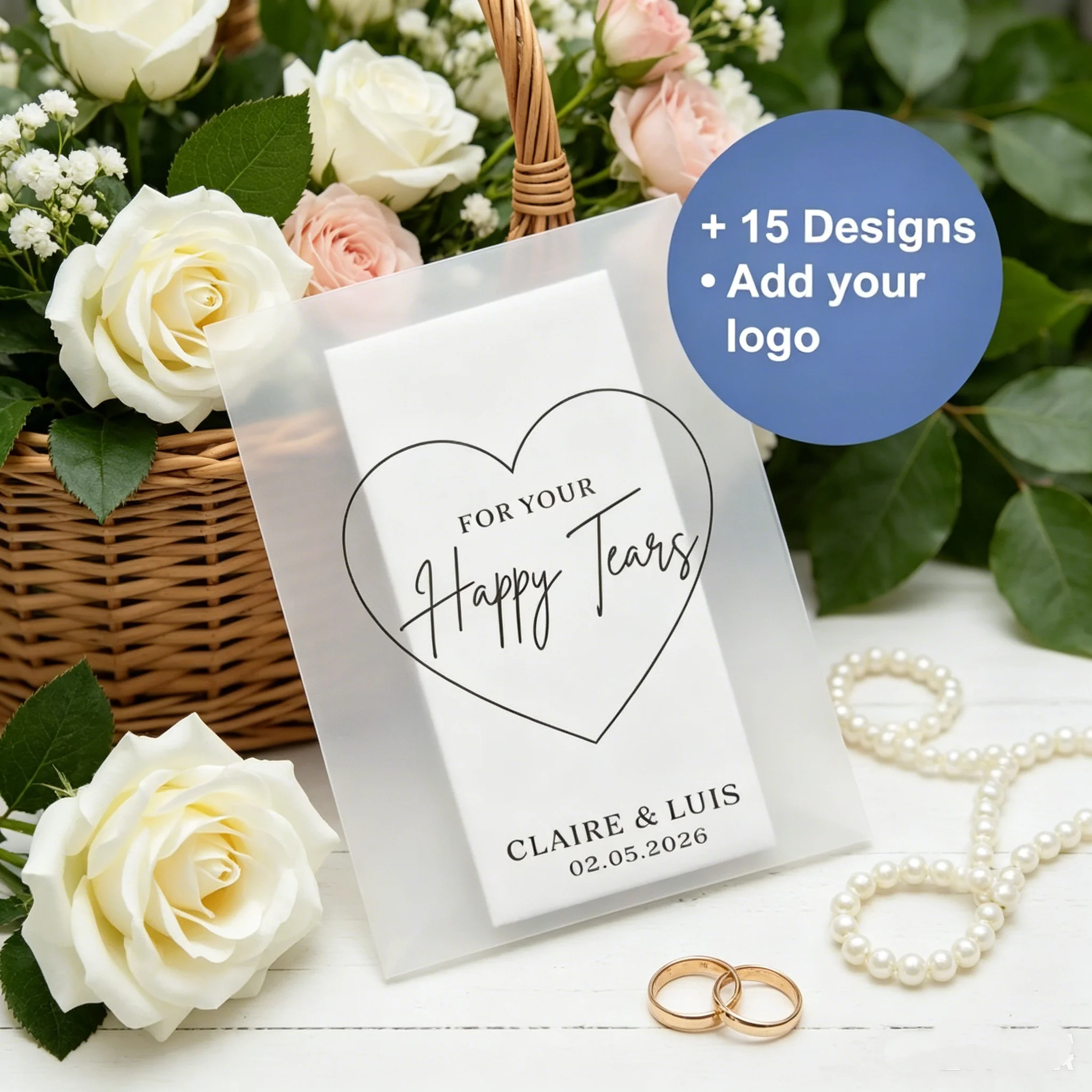 Custom "For Your Happy Tears" Wedding Tissue Favor Bags, Personalized Couple Name & Date Tissue Packets with Heart Design, 15+ D
Custom "For Your Happy Tears" Wedding Tissue Favor Bags, Personalized Couple Name & Date Tissue Packets with Heart Design, 15+ D