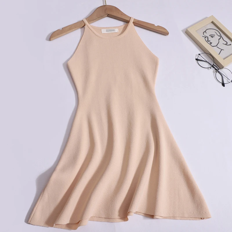 Sleeveless Halter Dress Knitted Female Summer Slim A-line Dress Solid Color Korean Dresses
Sleeveless Halter Dress Knitted Female Summer Slim A-line Dress Solid Color Korean Dresses