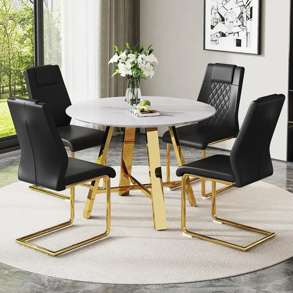 Modern Round Dining Table Set for 4, Luxury 5 Piece Marble Small Dining Room Table Set and Upholstered Chairs, 42" White Round
Modern Round Dining Table Set for 4, Luxury 5 Piece Marble Small Dining Room Table Set and Upholstered Chairs, 42" White Round