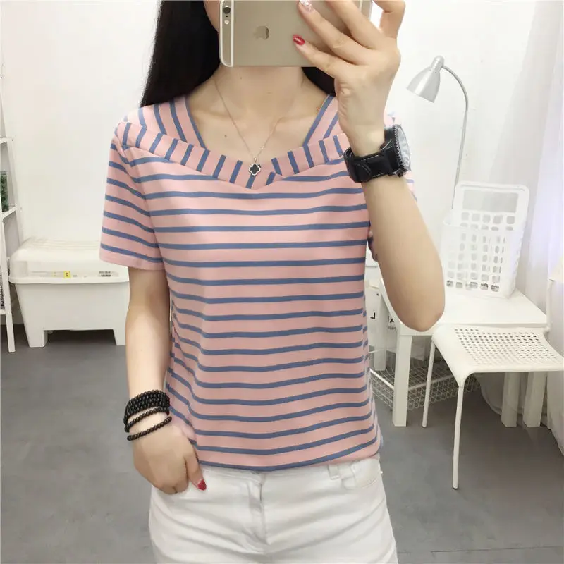 Pure Cotton Striped Women's Short-sleeved T-shirt Loose Big Belly-covering Age-reducing Top
Pure Cotton Striped Women's Short-sleeved T-shirt Loose Big Belly-covering Age-reducing Top