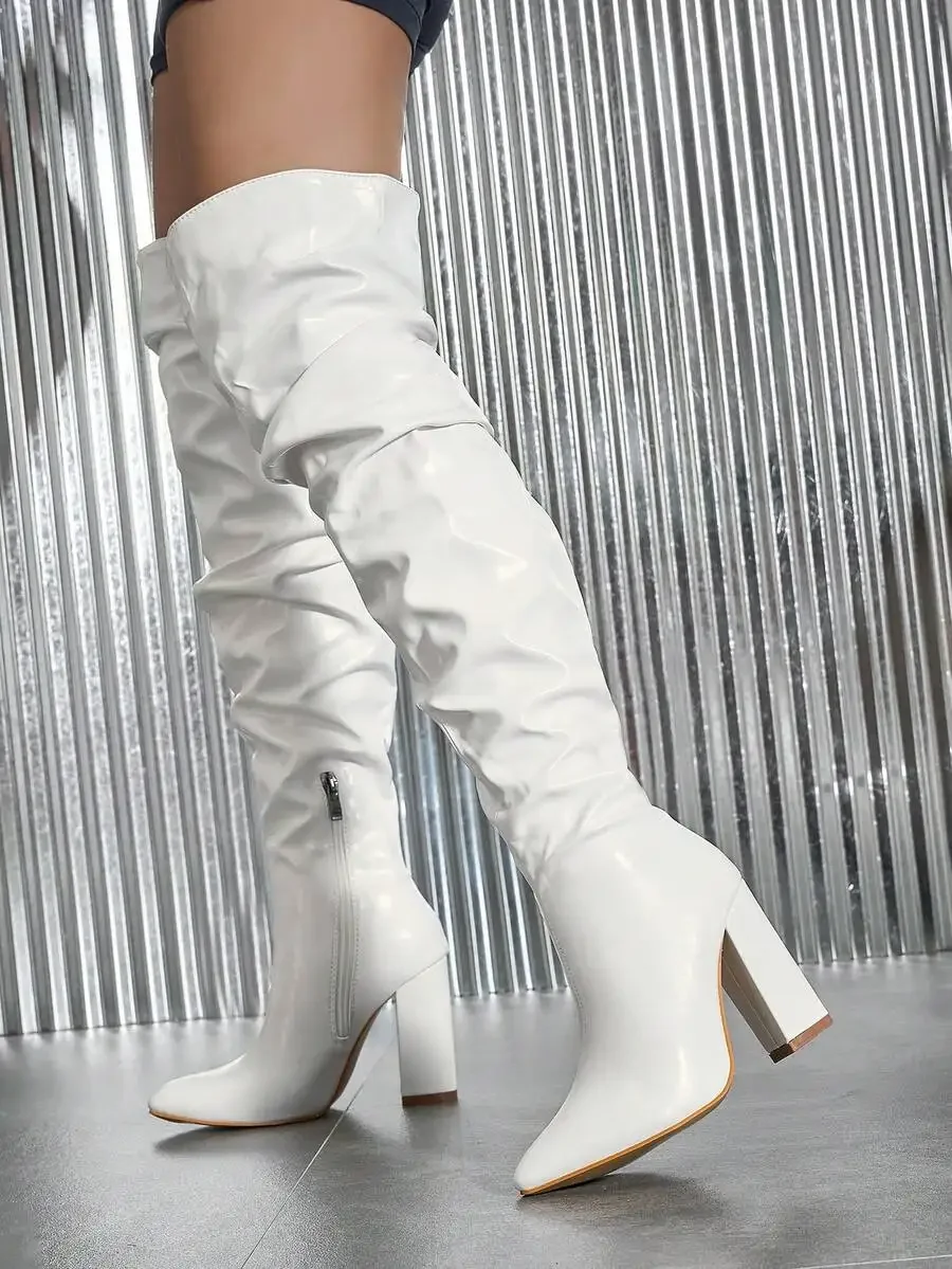 Slouchy Patent Over-The-Knee Block Heel Boots White
Slouchy Patent Over-The-Knee Block Heel Boots White