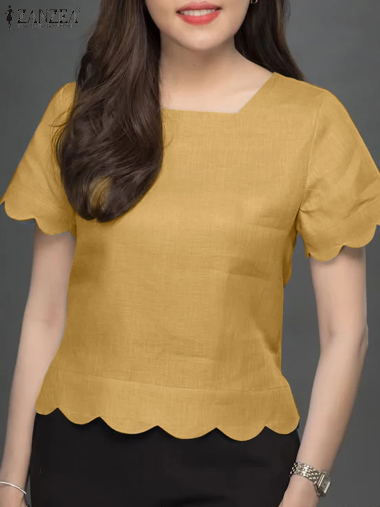 ZANZEA Elegant Summer Blouses Square Neck Scalloped Hem Casual Women Smock Tops Fashion Short Sleeve Cotton Linen Blusas Mujer
ZANZEA Elegant Summer Blouses Square Neck Scalloped Hem Casual Women Smock Tops Fashion Short Sleeve Cotton Linen Blusas Mujer