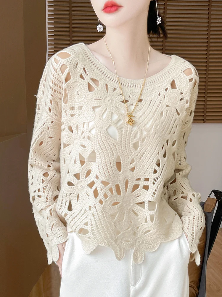 Light Luxury Spring Summer Women Sweater 100% Merino Wool Fashion Knitted Pullover Hollow Out Outerwear Long Sleeve Clothing Top
Light Luxury Spring Summer Women Sweater 100% Merino Wool Fashion Knitted Pullover Hollow Out Outerwear Long Sleeve Clothing Top