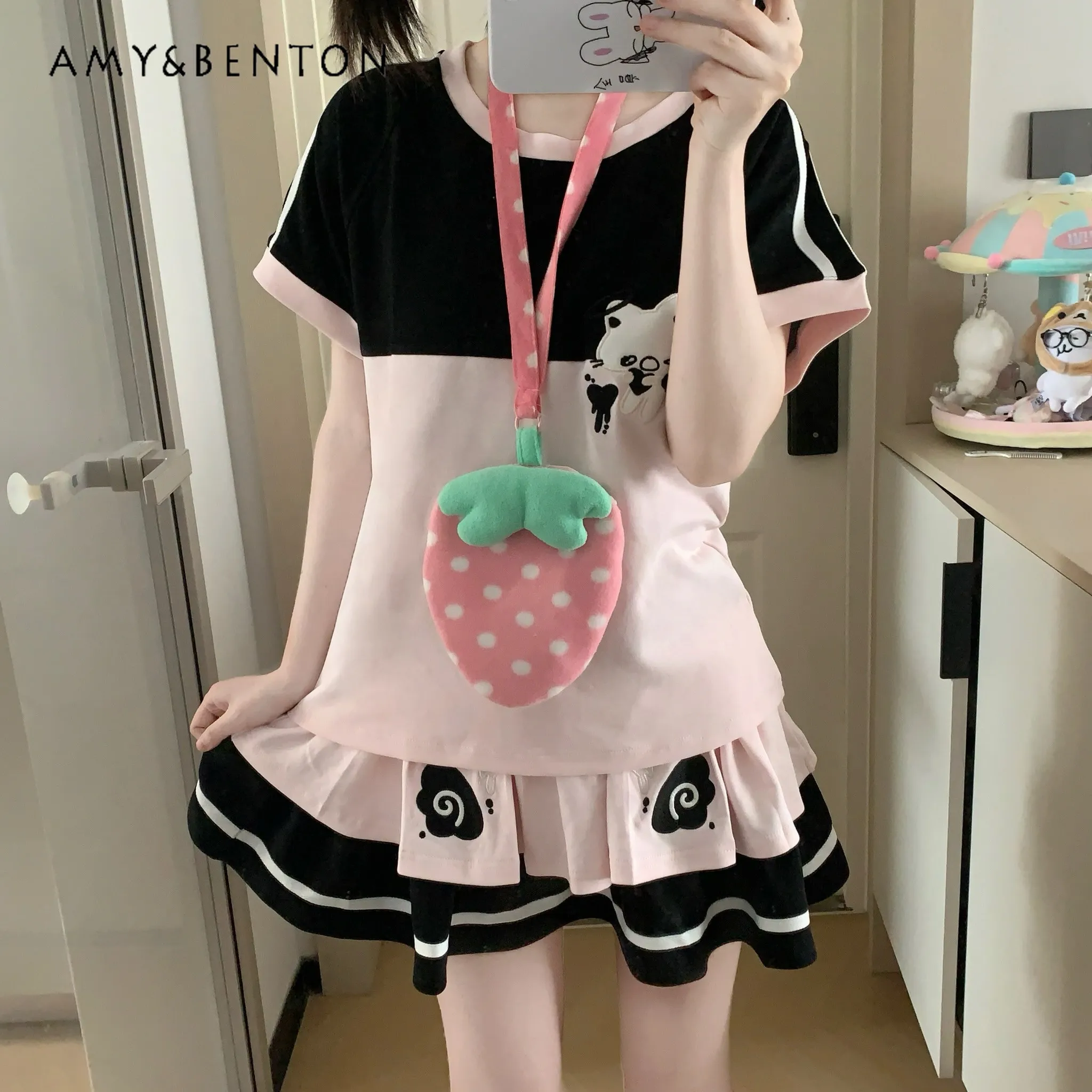 Kawaii Black Pink Cartoon Print Short Sleeve T-shirt Skirt Two Piece Set Women Preppy Style Japanese Streetwear Casual Outfit
Kawaii Black Pink Cartoon Print Short Sleeve T-shirt Skirt Two Piece Set Women Preppy Style Japanese Streetwear Casual Outfit
