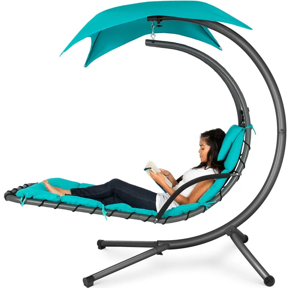 Outdoor Hanging Curved Steel Chaise Lounge Chair Swing w Builtin Pillow and Removable Canopy Teal
Outdoor Hanging Curved Steel Chaise Lounge Chair Swing w Builtin Pillow and Removable Canopy Teal