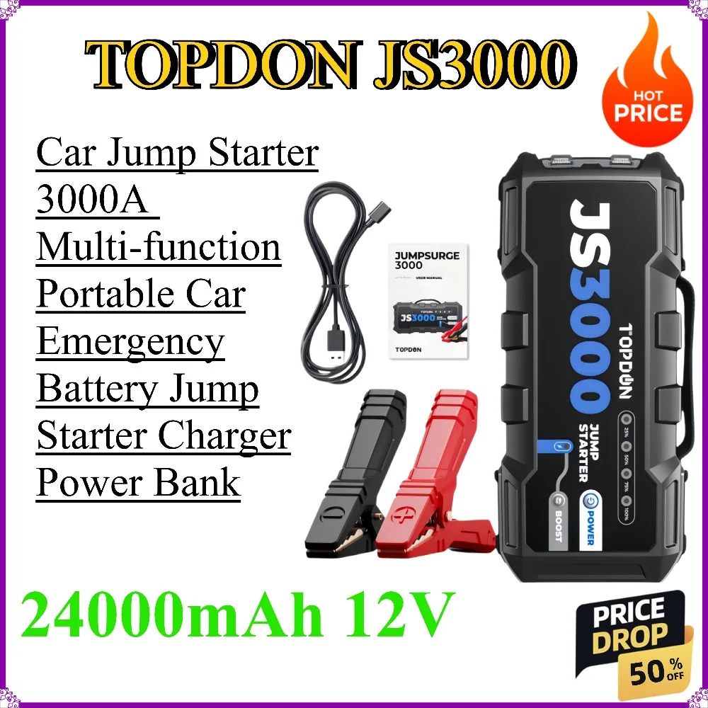 JS3000 Car Jump Starter 3000A 24000mAh 12V Multi-function Portable Car Emergency Battery Jump Starter Charger Power Bank
JS3000 Car Jump Starter 3000A 24000mAh 12V Multi-function Portable Car Emergency Battery Jump Starter Charger Power Bank