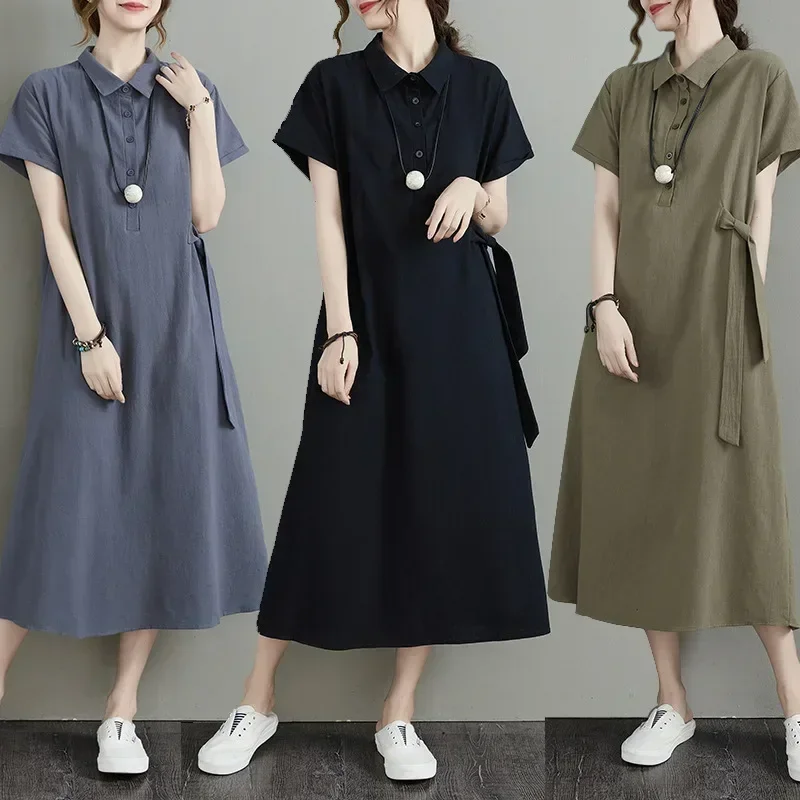 Summer New Ladies Loose Dress Solid Color Cotton Linen Lapel Short-sleeved Dress Women's Mid-length Comfortable and Breathable
Summer New Ladies Loose Dress Solid Color Cotton Linen Lapel Short-sleeved Dress Women's Mid-length Comfortable and Breathable