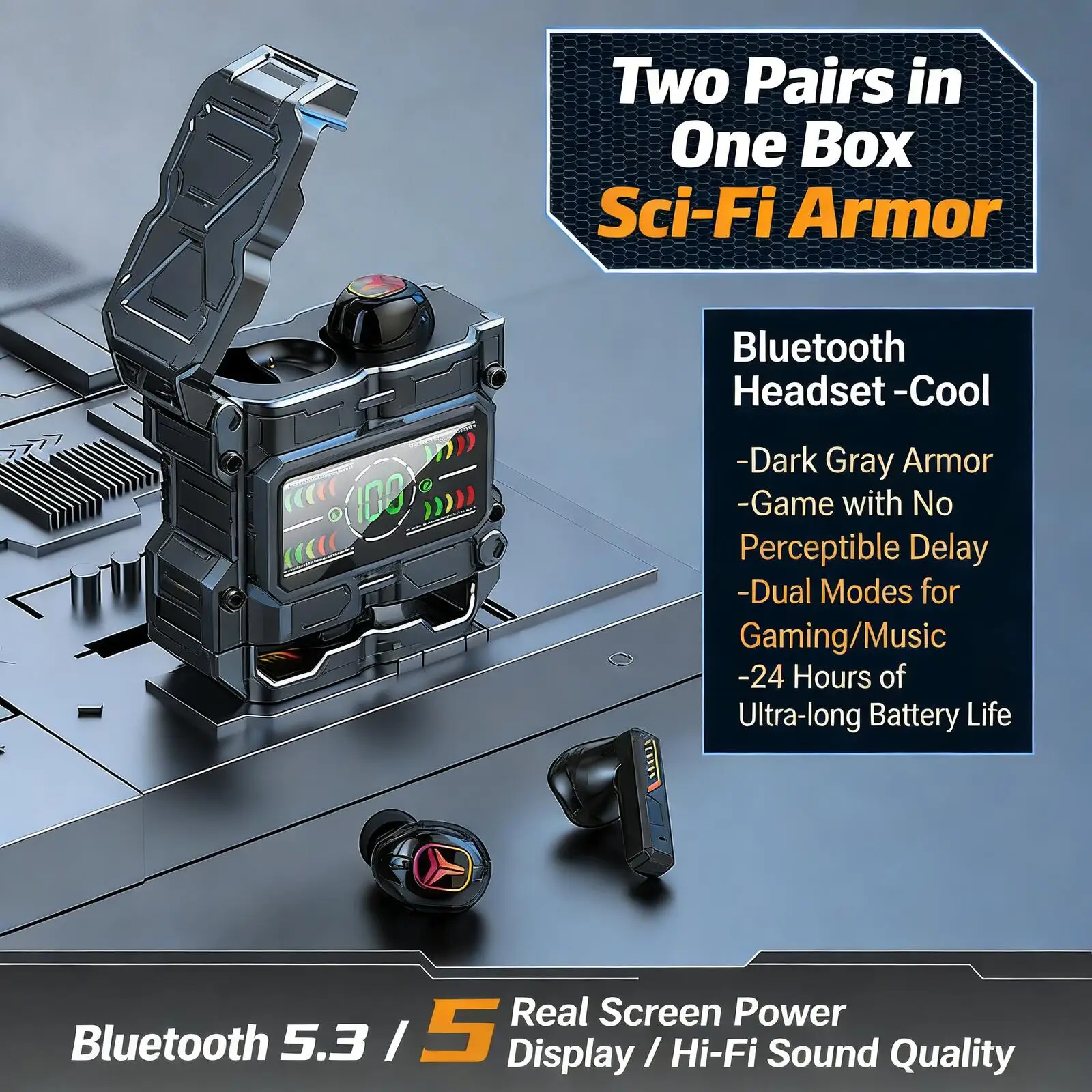 Cyber Mecha Esport Bluetooth Earphones 2 Pairs In 1 Low Latency Long Battery Life Call Noise Reduction Earsets For Game Music
Cyber Mecha Esport Bluetooth Earphones 2 Pairs In 1 Low Latency Long Battery Life Call Noise Reduction Earsets For Game Music