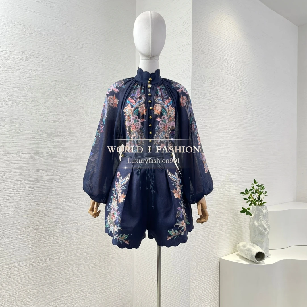 2025 New Collection Women's Navy Blue Paisley Print Long Sleeve Blouse Tops and Shorts Set 
2025 New Collection Women's Navy Blue Paisley Print Long Sleeve Blouse Tops and Shorts Set