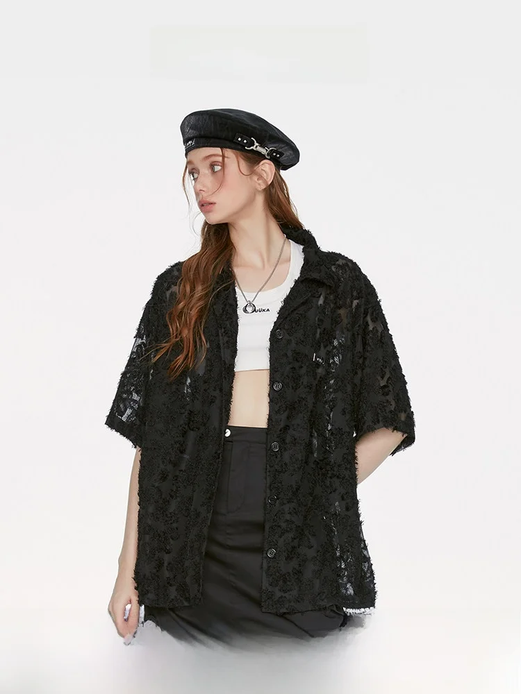 Guukahero Loose Cuban Collar Short Sleeve Women's Shirt Black Semi-Transparent Lace Detail Chiffon Fabric Autumn Fashion
Guukahero Loose Cuban Collar Short Sleeve Women's Shirt Black Semi-Transparent Lace Detail Chiffon Fabric Autumn Fashion