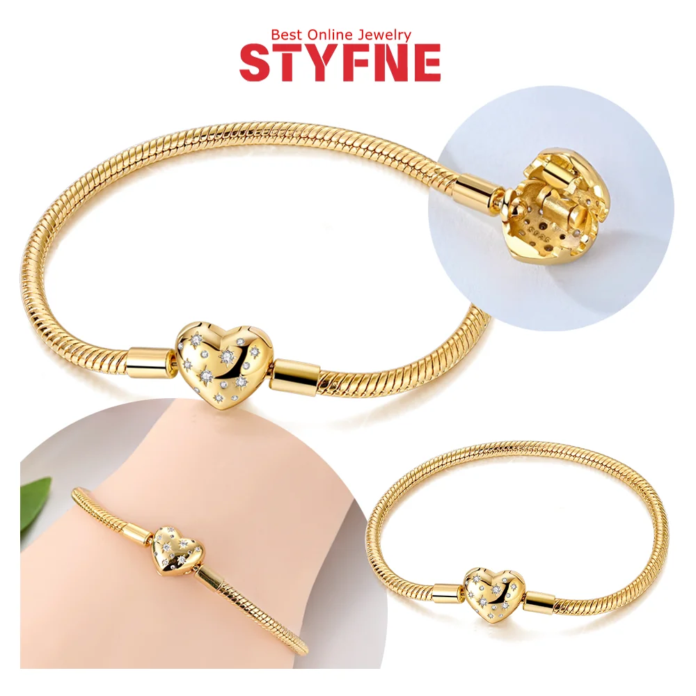 Браслет из серебра 925 пробы, золотой 17-20 см, циркон, звезда, подвески в форме сердца, бусины, браслет из змеиных костей для женщин, модные ювелирные изделия, подарки
Браслет из серебра 925 пробы, золотой 17-20 см, циркон, звезда, подвески в форме сердца, бусины, браслет из змеиных костей для женщин, модные ювелирные изделия, подарки