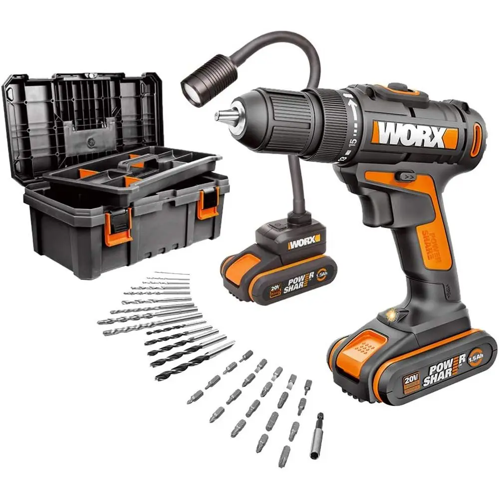 20V Cordless Drill with Flexible Light, 30Nm Torque, 16 Clutch Positions, 2 Batteries, 35 Accessories Included
20V Cordless Drill with Flexible Light, 30Nm Torque, 16 Clutch Positions, 2 Batteries, 35 Accessories Included