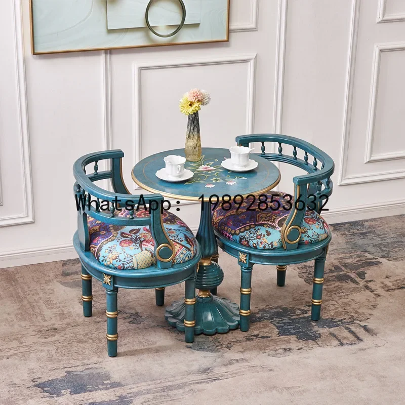 H5.15 balcony three-piece set with one table and two chairs, French retro painted furniture, sofa chair, blue round table
H5.15 balcony three-piece set with one table and two chairs, French retro painted furniture, sofa chair, blue round table