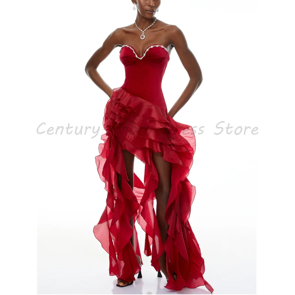Red Strapless Sweetheart Evening Gown with Rhinestone Trim Asymmetric Tiered Ruffle Chiffon High Low Formal Party Dress
Red Strapless Sweetheart Evening Gown with Rhinestone Trim Asymmetric Tiered Ruffle Chiffon High Low Formal Party Dress