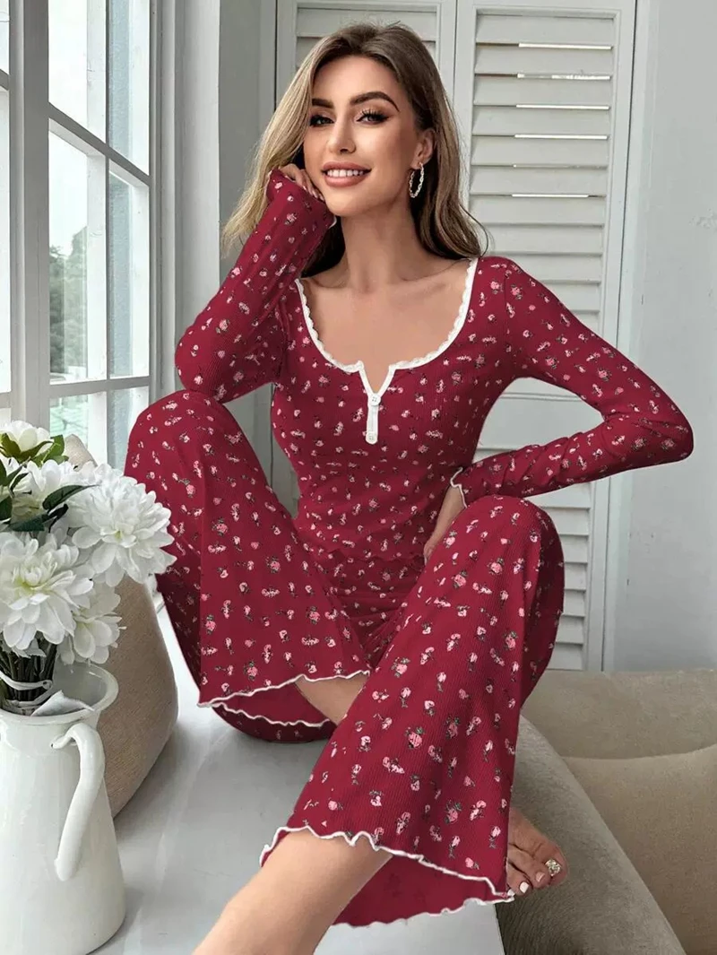 Pajama Set Long-Sleeve Deep-V-Neck Top Long Pant Frill Trim Soft Touch Autumn Women's Nightwear Homedress Pjs
Pajama Set Long-Sleeve Deep-V-Neck Top Long Pant Frill Trim Soft Touch Autumn Women's Nightwear Homedress Pjs