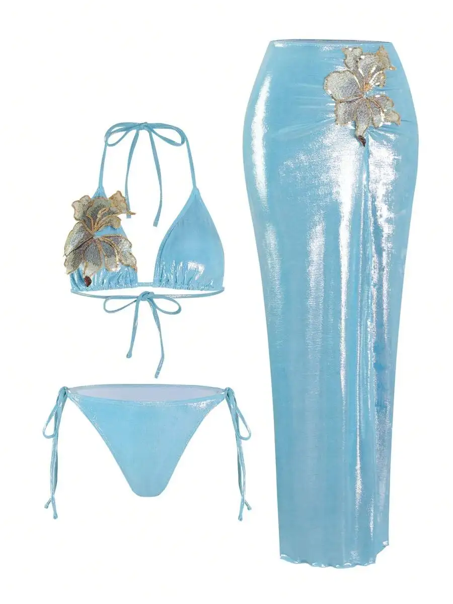 Light Blue Shiny Sequin Floral Embroidered Triangle Bikini Set With Matching Skirt Cover Up For Women
Light Blue Shiny Sequin Floral Embroidered Triangle Bikini Set With Matching Skirt Cover Up For Women