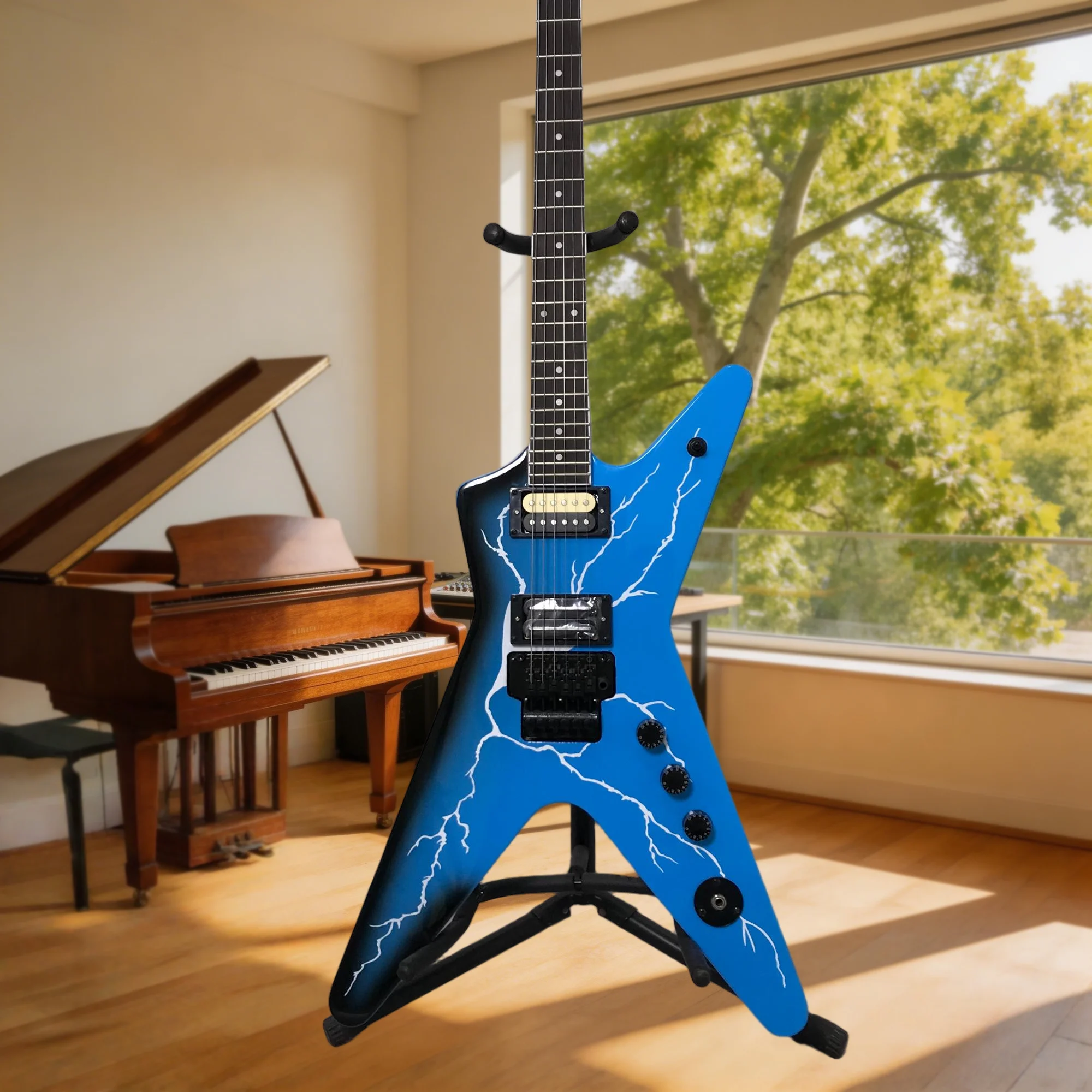 Blue V-Shape Body with Lightning Bolt Wing-Style Headstock Heavy Metal Mahogany Body 20 Tone Double-Locking Tremolo Bridge
Blue V-Shape Body with Lightning Bolt Wing-Style Headstock Heavy Metal Mahogany Body 20 Tone Double-Locking Tremolo Bridge