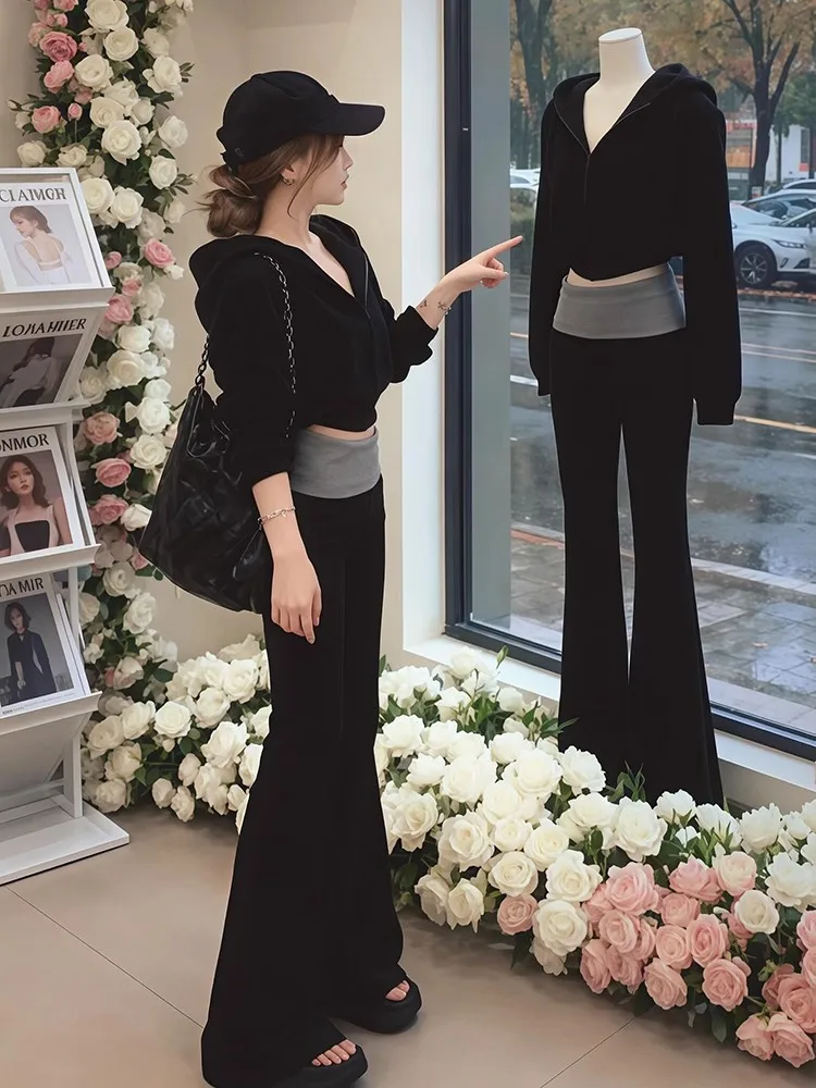 Korean Style Black Hoodie And Bell Bottom Pants Set Women's Fashion Spring Outfit High Waist Long Pants Warm Midweight
Korean Style Black Hoodie And Bell Bottom Pants Set Women's Fashion Spring Outfit High Waist Long Pants Warm Midweight