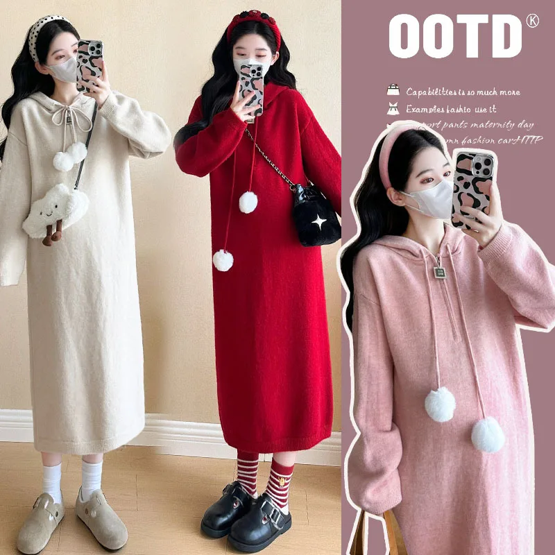 Korean Style Maternity Dress Autumn Winter Festive Long Hooded Knit Dress Christmas Celebration Outfit for Pregnant Women
Korean Style Maternity Dress Autumn Winter Festive Long Hooded Knit Dress Christmas Celebration Outfit for Pregnant Women