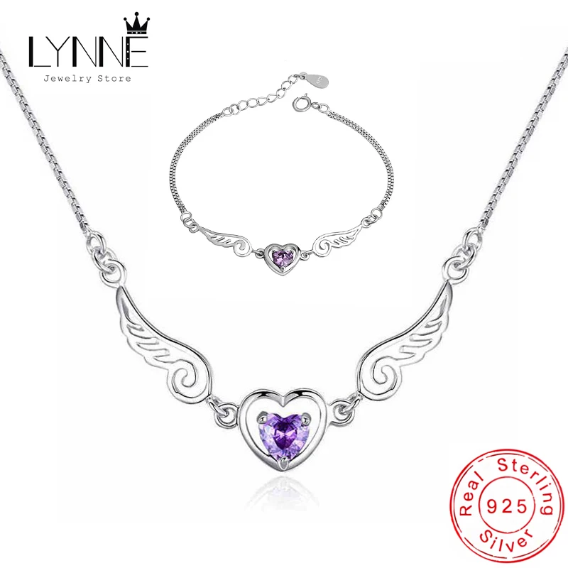 Hot 925 Sterling Silver Love Heart Angel Wing CZ Jewelry Set Purple AAA Zircon Pendant Necklace And Bracelet Women Fashion Gift
Hot 925 Sterling Silver Love Heart Angel Wing CZ Jewelry Set Purple AAA Zircon Pendant Necklace And Bracelet Women Fashion Gift