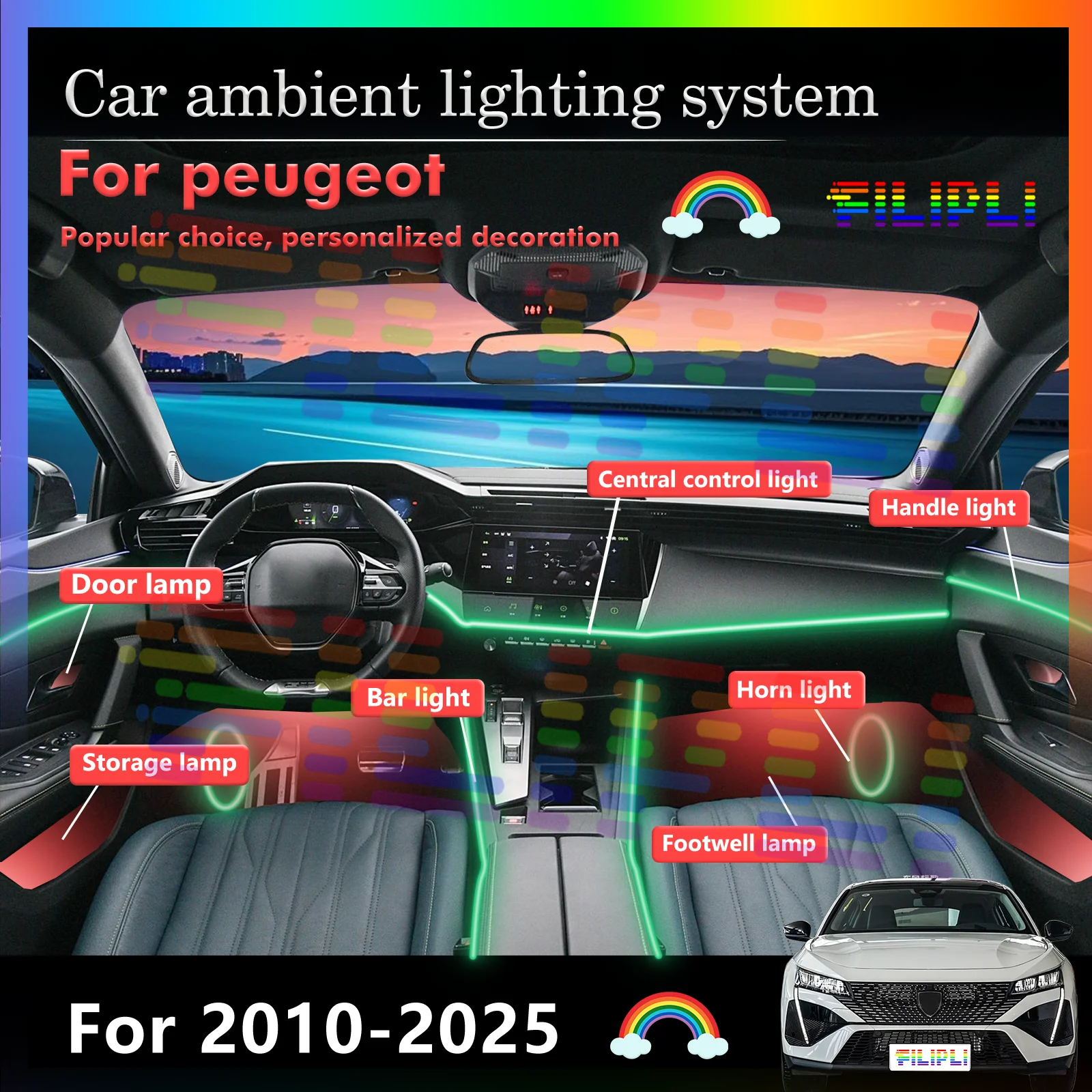 For peugeot Auto Ambient Lights Flicker-free, High-frequency PWM Dimming & Eye Protection
For peugeot Auto Ambient Lights Flicker-free, High-frequency PWM Dimming & Eye Protection