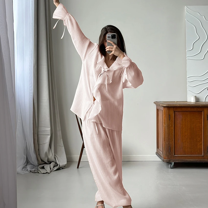 Hiloc Elegant Pink Woman Summer Sheer Pajama Set Ruffles Long Sleeve Casual Blouse 2 Piece Suit Pockets Solid Color Cuffed Pants
Hiloc Elegant Pink Woman Summer Sheer Pajama Set Ruffles Long Sleeve Casual Blouse 2 Piece Suit Pockets Solid Color Cuffed Pants