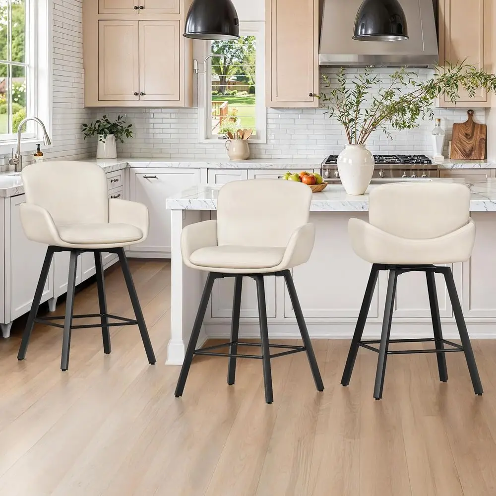 Set of 3 Swivel Bar Stools, Counter Height with Backrest and Arms, Upholstered Seats on Metal Legs, Ivory
Set of 3 Swivel Bar Stools, Counter Height with Backrest and Arms, Upholstered Seats on Metal Legs, Ivory