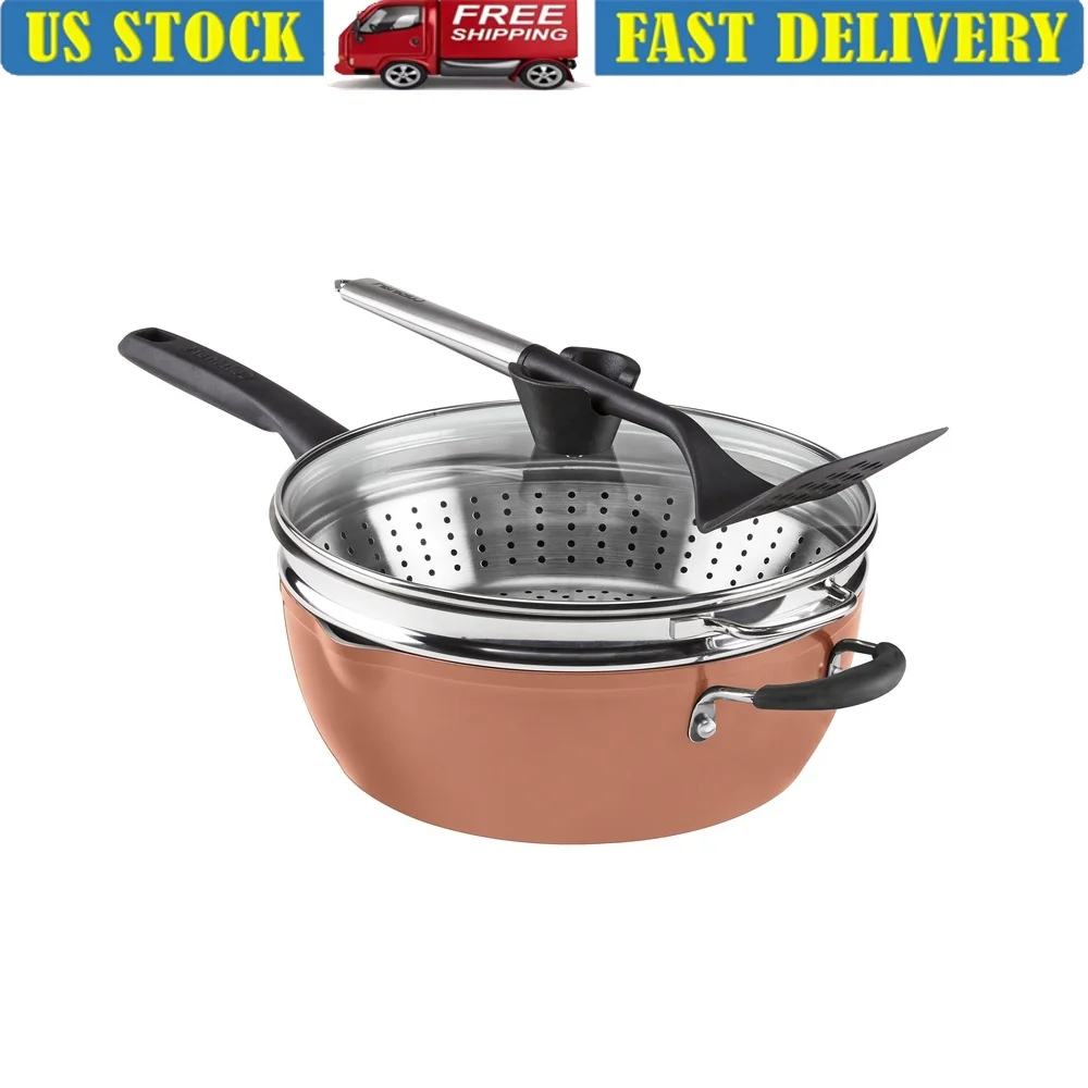 4.5 Qt Multi-Purpose Nonstick Pan Steamer Strainer Slotted Turner Dishwasher Safe Cooking Tasks Poach Sauté Fry Bake Roast
4.5 Qt Multi-Purpose Nonstick Pan Steamer Strainer Slotted Turner Dishwasher Safe Cooking Tasks Poach Sauté Fry Bake Roast
