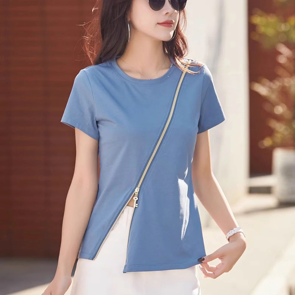 Korean version blue fashion plus size pure cotton t-shirt women's short sleeved summer new item solid color split zipper top
Korean version blue fashion plus size pure cotton t-shirt women's short sleeved summer new item solid color split zipper top