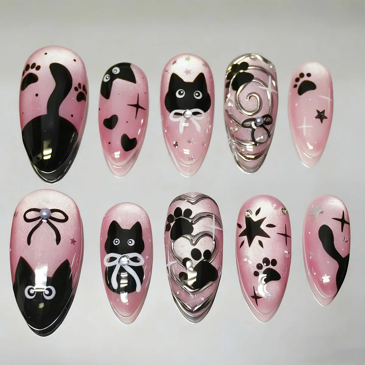 24Pcs Mid-length Almond Fake Nails Cat's Eye Black Cat Bow Press on False Nails Heart Rhinestone Reusable Full Cover Nails Tips
24Pcs Mid-length Almond Fake Nails Cat's Eye Black Cat Bow Press on False Nails Heart Rhinestone Reusable Full Cover Nails Tips