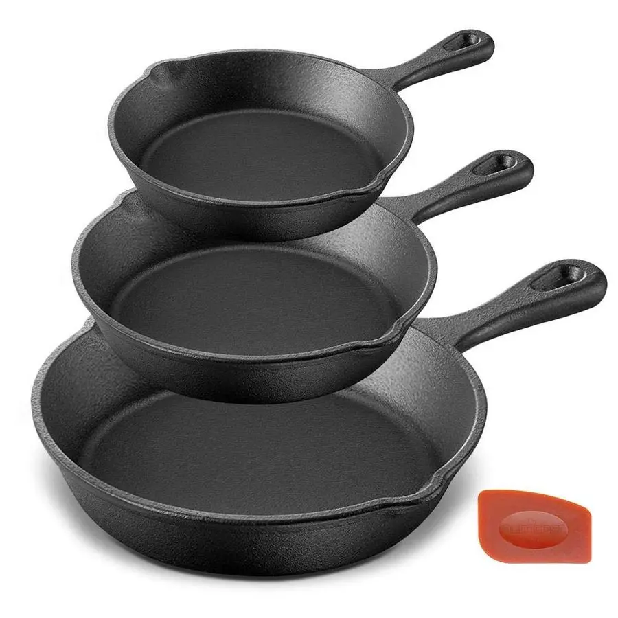 PreSeasoned Cast Iron Skillets 3 Pieces Cast Iron Cookware Set w Drip Spout and Scraper Compatible with Induction, Electric Stov
PreSeasoned Cast Iron Skillets 3 Pieces Cast Iron Cookware Set w Drip Spout and Scraper Compatible with Induction, Electric Stov
