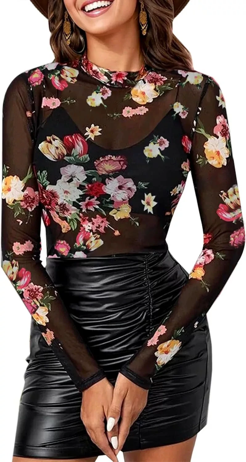 Color Flower Print See Through Mesh T Shirt Women Long Sleeve O Neck Slim Basic T-shirts Tops Female Fashion All-match Hot Style
Color Flower Print See Through Mesh T Shirt Women Long Sleeve O Neck Slim Basic T-shirts Tops Female Fashion All-match Hot Style