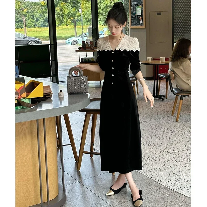 Elegant Patchwork Black Velvet Midi Dresses for Women 2024 Autumn Winter Vintage Wedding Party Slim Long Sleeves Female Clothing
Elegant Patchwork Black Velvet Midi Dresses for Women 2024 Autumn Winter Vintage Wedding Party Slim Long Sleeves Female Clothing