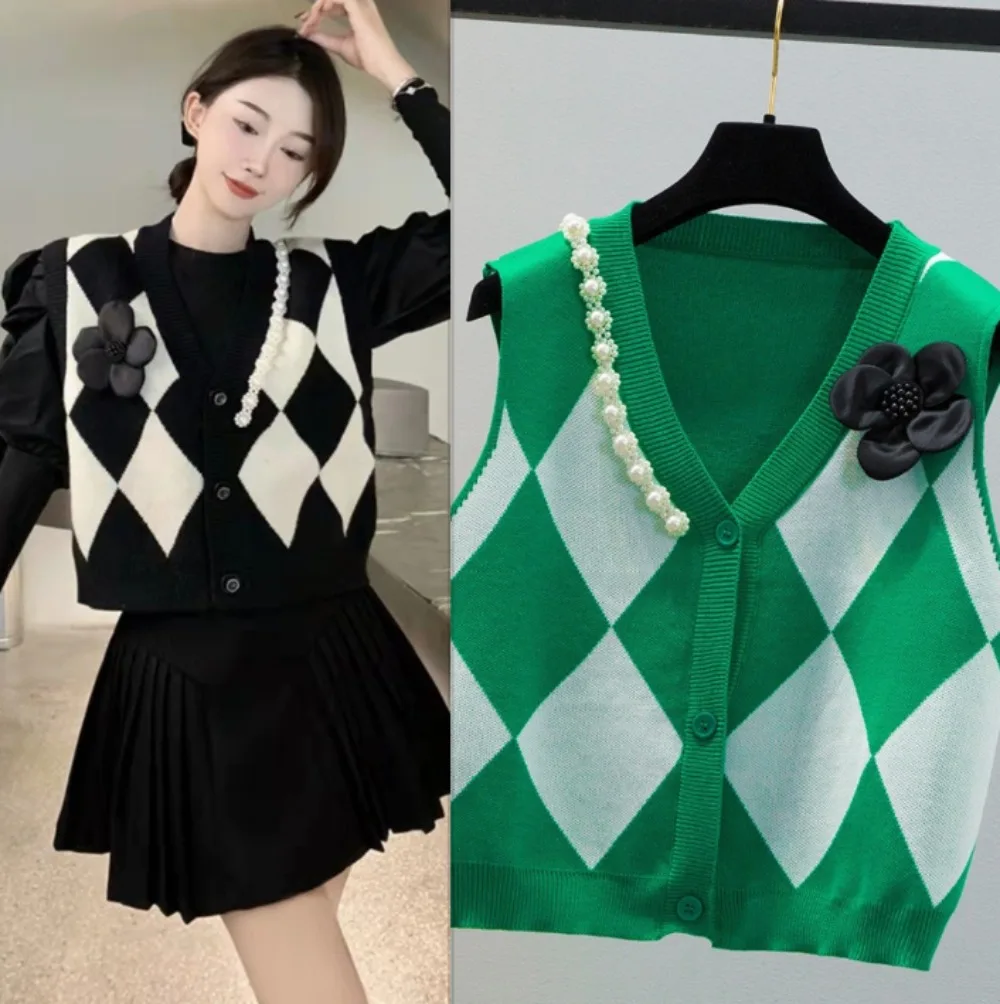 Корейский вязаный жилет с цветочным принтом, женский клетчатый жемчужный v-образный вырез, повседневный свободный свитер без рукавов, кардиган
Корейский вязаный жилет с цветочным принтом, женский клетчатый жемчужный v-образный вырез, повседневный свободный свитер без рукавов, кардиган