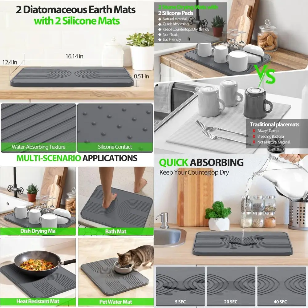 Kitchen Counter Drying Mats - 2 Pack Stone Dish Mats & Silicone Bath Mat, 16.14L x 12.4W, Quick Dry for Dishes, Bottles, Cups, F
Kitchen Counter Drying Mats - 2 Pack Stone Dish Mats & Silicone Bath Mat, 16.14L x 12.4W, Quick Dry for Dishes, Bottles, Cups, F