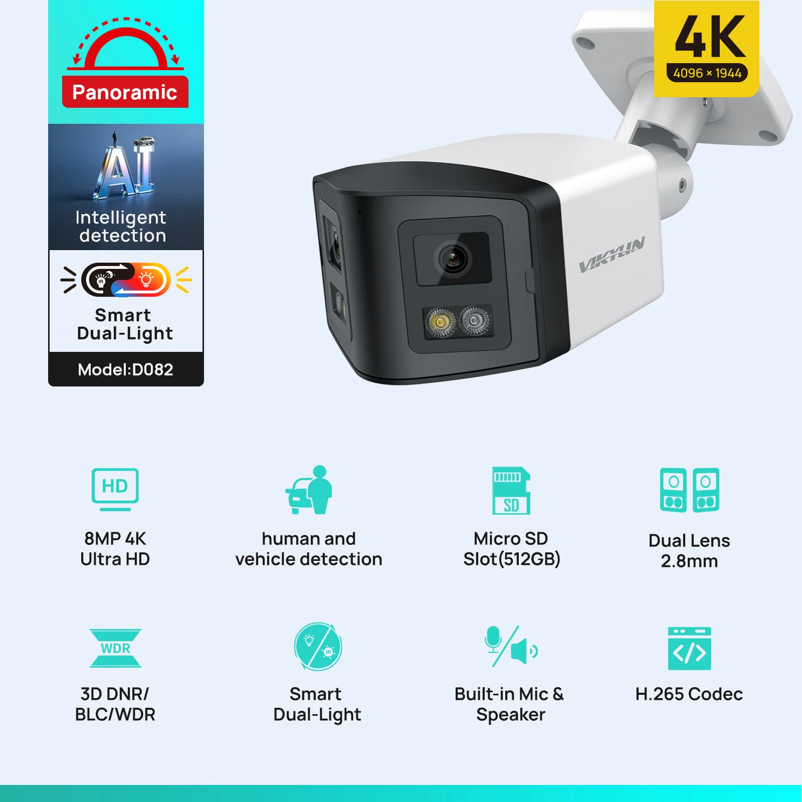 VIKYLIN 170° Panoramic 4K IP Security Camera Smart Dual Light 8MP Dual Lens IP Camera Home CCTV Outdoor Surveillance Camera with POE Onvif IP67
VIKYLIN 170° Panoramic 4K IP Security Camera Smart Dual Light 8MP Dual Lens IP Camera Home CCTV Outdoor Surveillance Camera with POE Onvif IP67