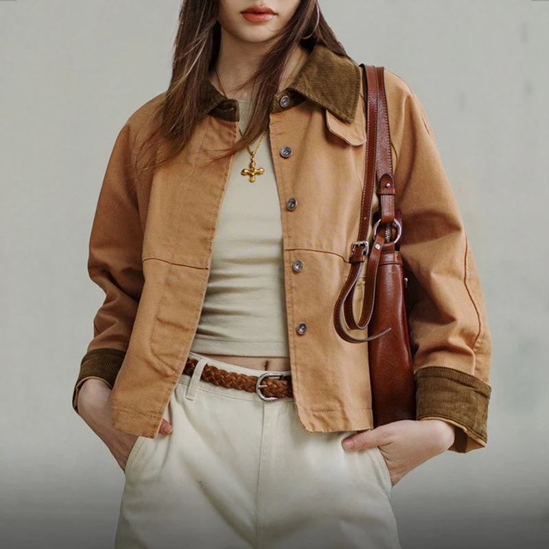 Tooling Jacket Women Retro Corduroy Splicing Canvas Outerwear Spring Single Breasted Loose Casual Lapels Tops Women's Clothing
Tooling Jacket Women Retro Corduroy Splicing Canvas Outerwear Spring Single Breasted Loose Casual Lapels Tops Women's Clothing