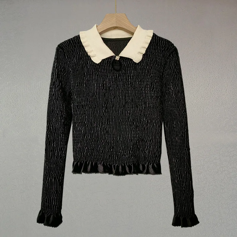 Black White Lace Lapel Contrasting Vintage Wine Velvet Pleated Bottoming Long-sleeved Shirt Fashion Sweet Versatile Women Top
Black White Lace Lapel Contrasting Vintage Wine Velvet Pleated Bottoming Long-sleeved Shirt Fashion Sweet Versatile Women Top