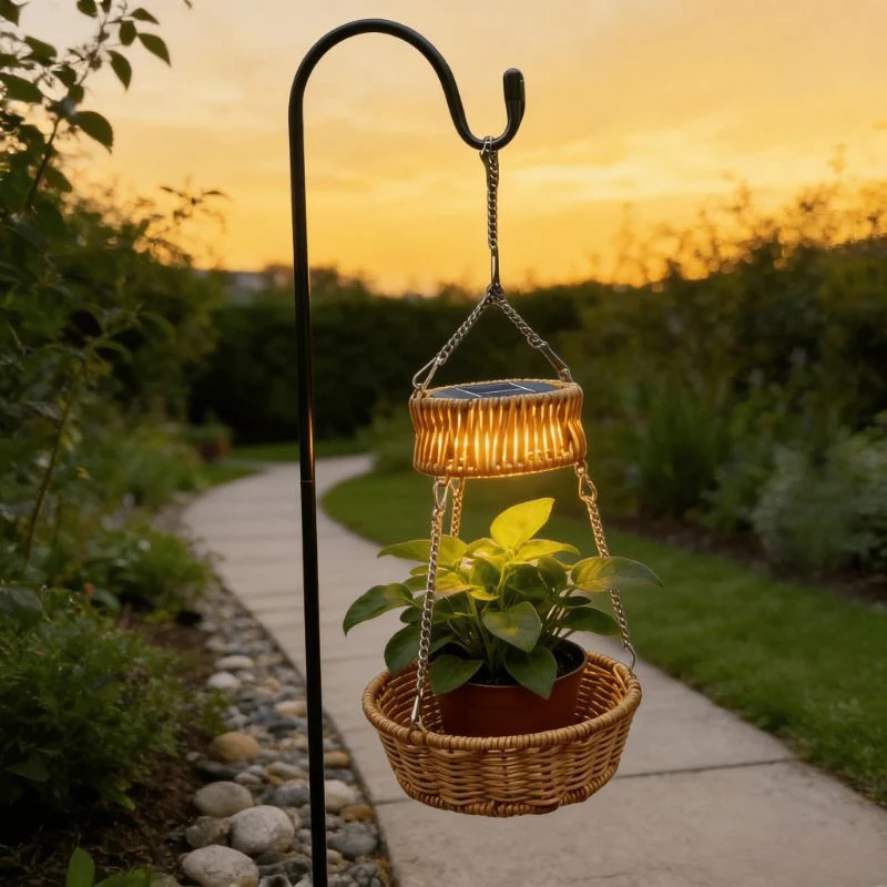 Hanging Rattan Woven Solar Lanterns With Planter Outdoor Waterproof Solar Garden Light With Intelligent Light-Sensing Function