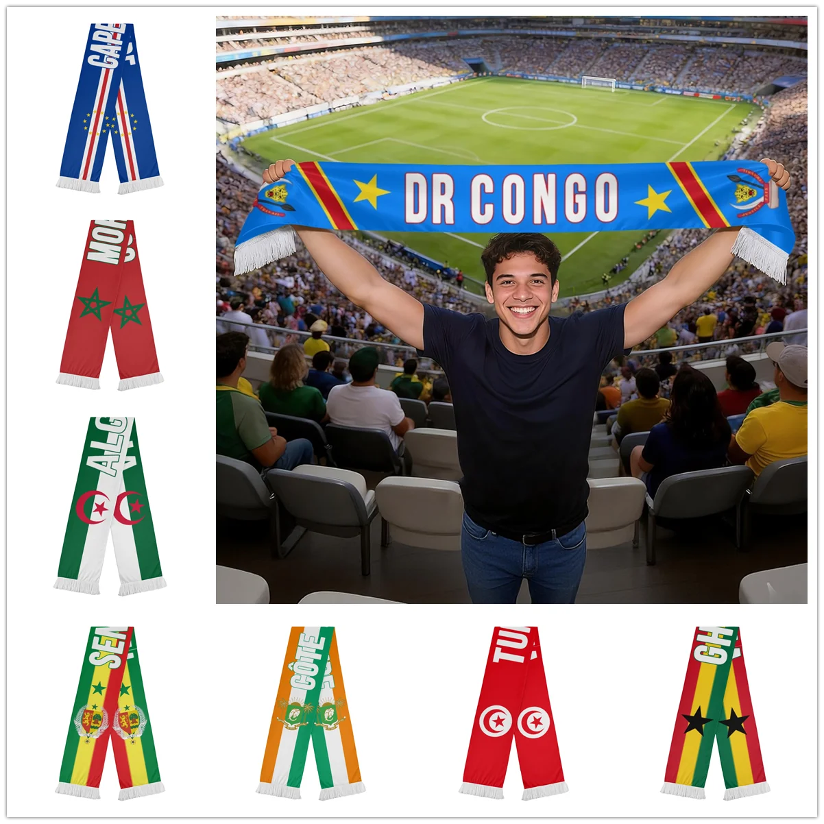 Soccer Fans Scarf DR Congo Algeria Cape Verde Democratic Republic of Congo Cote d'Ivoire Egypt Ghana Morocco Senegal Tunisia
Soccer Fans Scarf DR Congo Algeria Cape Verde Democratic Republic of Congo Cote d'Ivoire Egypt Ghana Morocco Senegal Tunisia