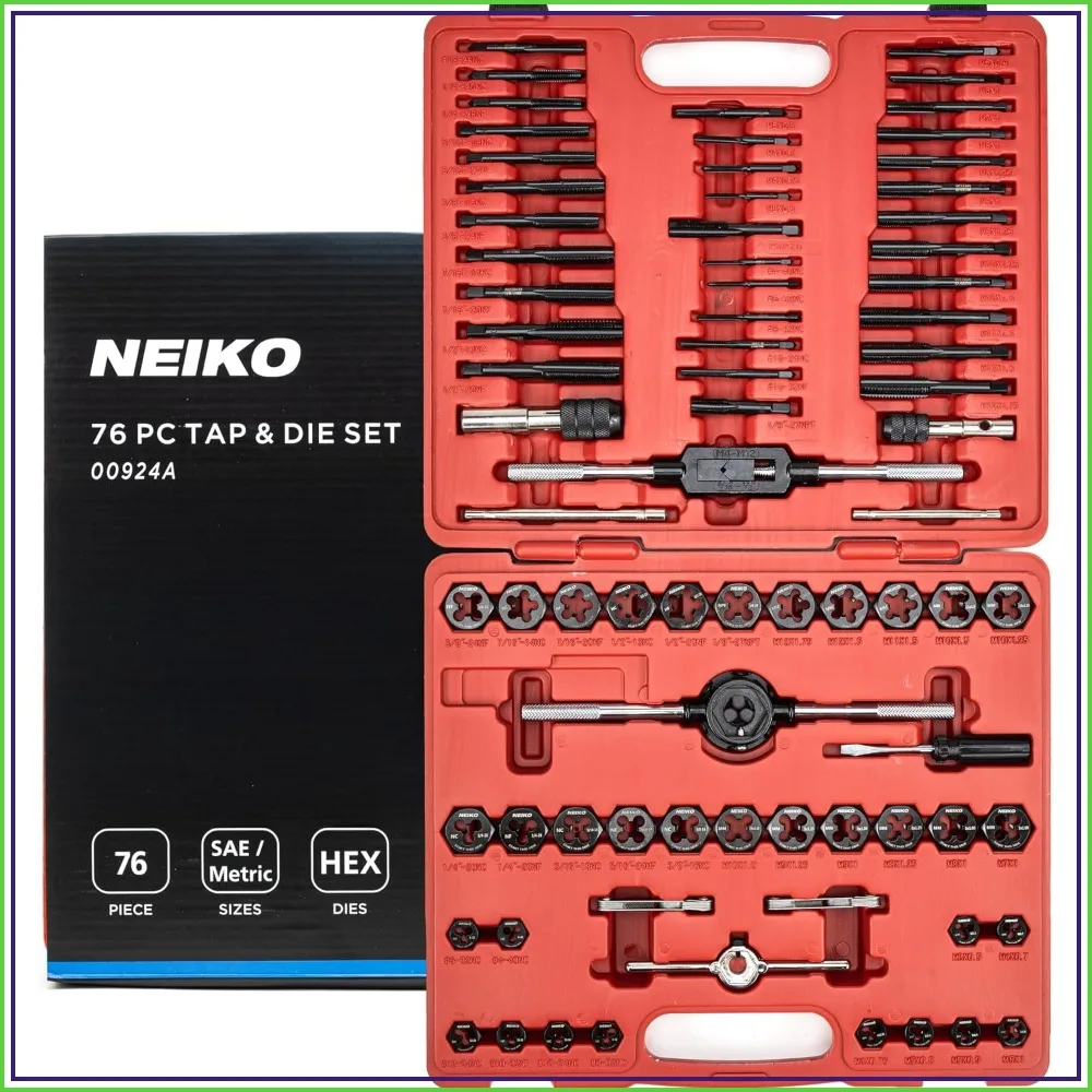 76-Piece Tap and Die Set, Metric & SAE, Rethreading, Cutting, Repairing Threads, Hex Dies, UNC, UNF, NPT
76-Piece Tap and Die Set, Metric & SAE, Rethreading, Cutting, Repairing Threads, Hex Dies, UNC, UNF, NPT