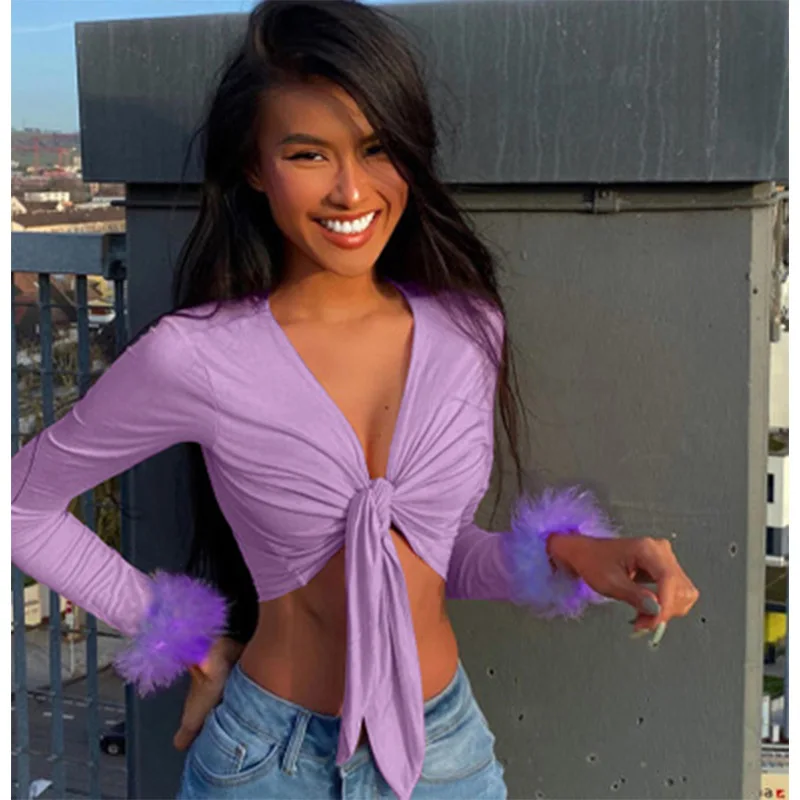 long sleeve fur V-neck wrapped bandage sexy crop tops autumn winter women streetwear club party outfits T-shirts
long sleeve fur V-neck wrapped bandage sexy crop tops autumn winter women streetwear club party outfits T-shirts