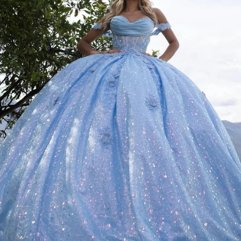 Customized Shiny baby blue Off Shoulder Quinceanera Dress Tull crystal 3D flower layering applique vestidos de 15 Quinceanera
Customized Shiny baby blue Off Shoulder Quinceanera Dress Tull crystal 3D flower layering applique vestidos de 15 Quinceanera