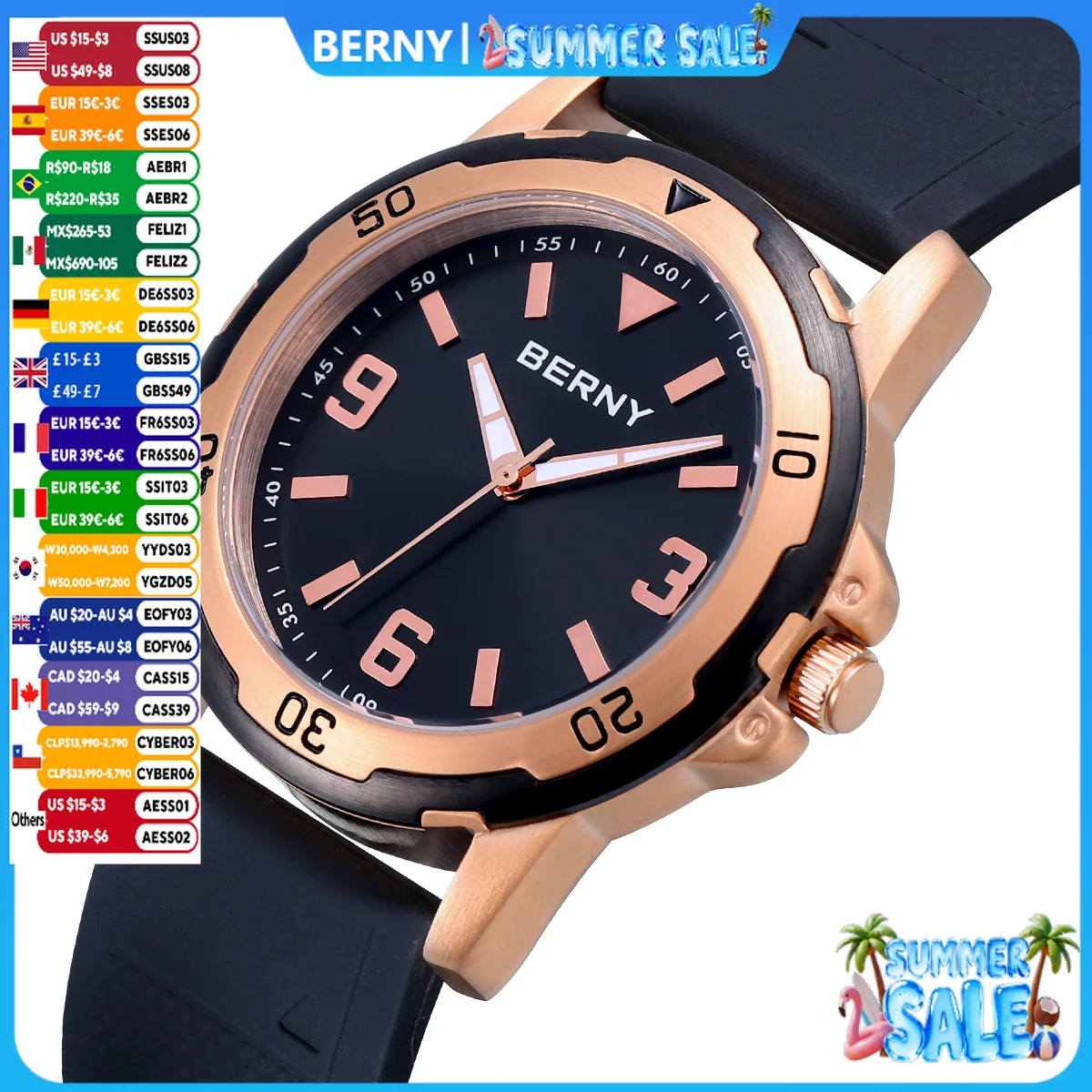 BERNY Watches for Men Luminous Casual Sport Quartz Men's Watch Waterproof Wristwatch Soft silicone Strap Brass Case Easy Read
BERNY Watches for Men Luminous Casual Sport Quartz Men's Watch Waterproof Wristwatch Soft silicone Strap Brass Case Easy Read
